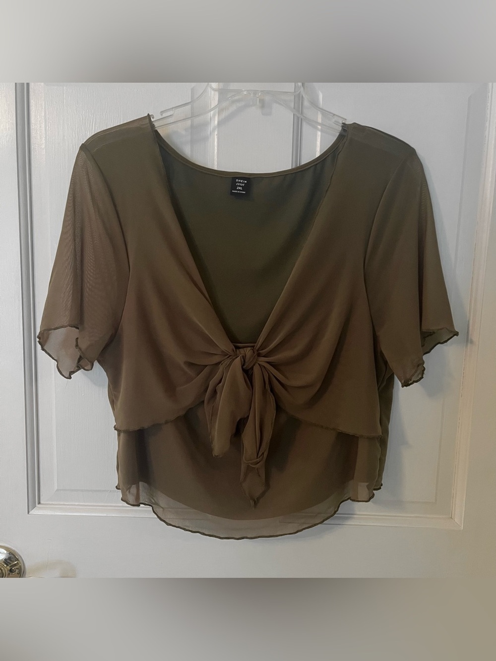 SHEIN Olive Green Mesh Tie-front Short Sleeve Cropped Blouse